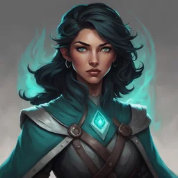 dungeons and dragons human female hexblade warlock, tanned skin, short length wavy ink black hair that reflects a dark teal hue, light gray eyes that glow slightly, tan skin, wears dark clothes made for sneaking around, portrait