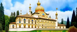 A white cloudy sky with a puffy palace painted by Gustav Klimt