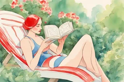 woman in red swimsuit reading a book in a beautiful garden in sunshine style Vittorio Giardino, stylized pen drawing and watercolor