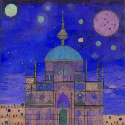 A violet cosmic Arabian palace with an observatory in the starry sky painted by Paul Klee