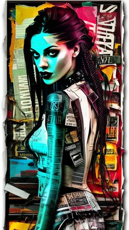 Russ Mills, byroglyphics style art, backdrop, mixed media, broad energetic brushstrokes, palette knife, chaotic collage, cardboard, newspaper, torn paper, gauze, broken glass, graphic image, vibrant natural color, intensely passionate, full body, eerie, slim Goth punk woman with long braided hair of Spanish and Lebanese heritage, beauty in chaos