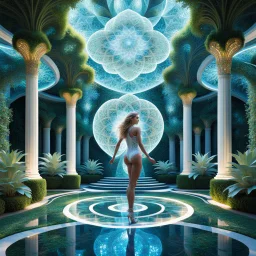 Here is a prompt for AI image generation to create an image of 3D fractal recursive art of dancer girls in a magical villa garden of the future: "3D fractal recursive art of dancer girls in a futuristic magical villa garden. Intricate, detailed, dreamlike, fantastical, surreal, volumetric, layered, geometric patterns. Ethereal, shimmering, otherworldly. Elegant, graceful dancers in motion, surrounded by lush, verdant vegetation, ornate architecture, and glowing, luminescent elements. Vibrant, s