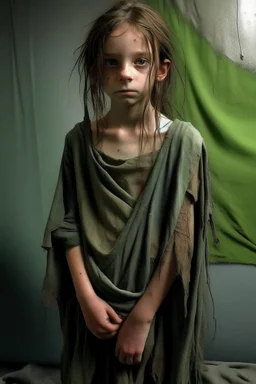 very thin 13 year old girl, dressed in rags, long fezzy haircut, A Cure for Wellness style, full figure