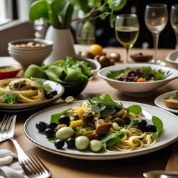 A dining table for lunch on which there is food and pasta with black olives on it and also a plate of green olives and a salad with olives on it.