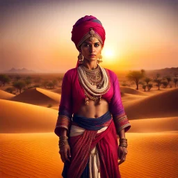 Hyper Realistic Photographic View Of Rajasthani Woman With A Traditionally Rajasthani Attire Standing In A Desert Dramatically Looking At Sunset showing dramatic & cinematic ambiance.