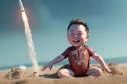 Elon musk as a Happy baby building a Very tall rocket-shaped sandcastle on the beach. He is wearing a polkadot swimsuit