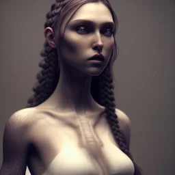 Wednesday with braids standing with her arms crossed, a character portrait, gothic art, goth, dark, antichrist hyper detail, octane render, unreal engine 5, photorealistic, 8k resulation