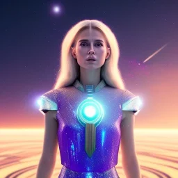 A portrait of a transparent crystalline girl,smiling, longs blond hairs, green eyes, galactic dress, atmospheric, realistic, cinematic lighting, octane render, purple and blue sky, nebula, stars, planets in background, spaceship in background