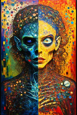 "Liminal space" is a contrasting artwork with one half in a mashup of Klimt and Giger and the other a colorful blend inspired by Kandinsky