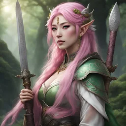An asian princess elf druid are portrayed in a scene filled with grandeur. The woman is stunningly beautiful, with pink hair, youthful makeup and striking, moist large green eyes. The scene is bright, emphasizing the nobility and majesty of both figures. Katana in her hand. Key features include the princess captivating beauty and radiant eyes, her elegant armor, and the overall luminous and regal atmosphere.