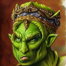 dungeons and dragons, fantasy, goblin, king, green skin, watercolour, large strokes, distinct face, portrait, head, crude crown