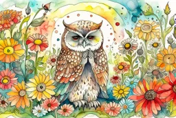 thankful praying owl girl in flowergarden in sunshine, watercolor and ink