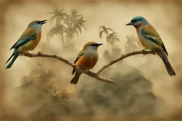 birds, blur 5%, flowers, double exposure, merged layers, in the first part (near to us) of the picture you can see a plain sandblown smoked glass, engraved with a folk art pattern, the glass is cracked in several places, in some places the glass is broken, crumpled burlap, through it you can see a tropical rainforest with a waterfall, mist, fog, sunrise, gemstones