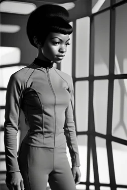 (Achieving unparalleled quality and hyper-realism), this photograph was expertly captured with a vintage Hasselblad 500 C/M 1957 camera, showcasing a youthful portrayal of Nyota Uhura. She is seen wearing a sleek and practical Star Trek Starfleet gym suit, exuding confidence while stationed in the space dock. The scene is set amidst a natural, moody backdrop with soft, diffused lighting that accentuates her explorer-like presence. The careful composition of the image casts captivating shadows, h