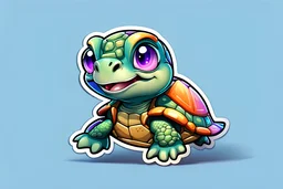 cute stickers, style cartoon, cute Super Deformed Character, white border, high quality, colorful, Detailed illustration of a cute little turtle wearing, awesome full color, typography, 3d render