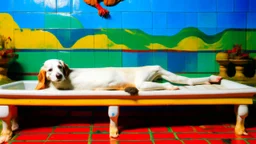 A white dog sitting in a bathtub, with a checkered floor and colorful background