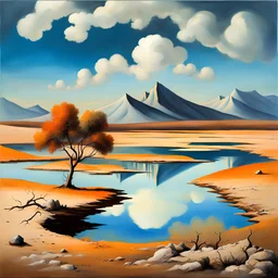 clouds, arid land, distant mountains, dry trees, pond, impressionism painting, Yves Tanguy