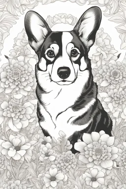 Portrait of a Corgi in a lively field of marigolds, mature coloring artwork, contour, vector, clean line art, white background, detailed, black and white, in the style of Mandala design