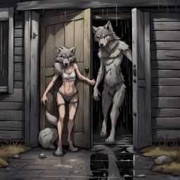 fantasy digital art of a sad young anthro wolf have gray hairy wolf body gray paws, and wears just a short canvas rag around her waist , she falls to the ground in the rain kicked out of the house, falls towards the camera, behind her an tall angry anthro wolf man just in dark gray body hairy kicks she out the door with his foot, behind in rustic halb open door in an massive wooden house, rainy day, detailed, fantasy mood