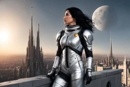 A slim Woman With Black shoulder length hair, Wearing a silver and black space suit, with no helmet, standing sot the right, sideways on a ledge of a building, with a moon Behind Her Head, towering spires and buildings highlighted by the setting sun