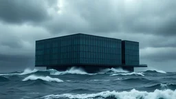 An allegorical building that seems to float in a stormy sea, dark gray clouds overhead, the glass reflects ominous colors of green and slate, the building harmonizes with turbulent waves crashing against it, creating a dramatic interplay of light and shadow.