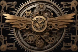 steampunk clock surrounded by cogs and springs, metal insects with wings