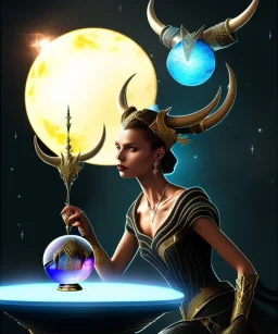 A dark female entity with horns sitting down on her thronr looking into a small crystal ball on a table, fantasy, realistic