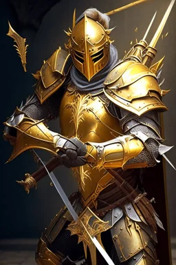 medival paladin with a crossbow and golden armor