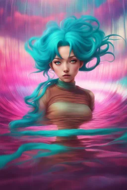 A stunning Anime girl suspended in a kaleidoscope of colors, captured in a photorealistic, cinematic photograph, as if plucked from a dream sequence. Her vibrant turquoise hair flows like a river, contrasting with the muted, earthy tones of her skin, set against a gradient of iridescent pinks and purples, evoking a sense of ethereal mysticism. Soft, cinematic film grain textures the image, infusing it with a sense of nostalgic warmth, as if lit by the flickering lights of a vintage cinema.