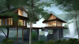 modern house by a big water falls in a karstic montain rain forest