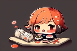 contented cute chibi girl eating sushi