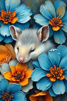 "An oil painting with rich textures and expressive brushstrokes depicts a mouse peacefully sleeping among flowers in shades of blue and orange. The mouse’s fur harmonizes with the scene, featuring soft patches of cream, bluish-gray, and subtle amber hues that blend with the warmth of the flowers. The flowers are painted in a vibrant artistic style, with ethereal petals in shades of sky blue, turquoise, and sapphire, contrasting with warm oranges, red ,and golds.