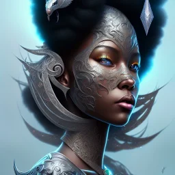 sango fantasy, fantasy magic, intricate, sharp focus, illustration, highly detailed, digital painting, concept art, matte, masterpiece head sexy view black African beauty black afro hair earth lady silver falcon head princess