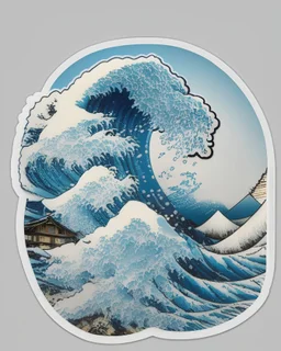 La gran ola de Kanagawa, sticker, detallado, fondo blanco