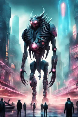 cities of the future cyberpunk in the center of the monster stands on its hind legs