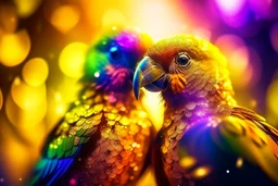 parrot-phoenix mix birds, a picture of togetherness, death, resurrection, purple in sunshine, watercolor and black ink outlines, sparkling golden glitter, ethereal, cinematic postprocessing, bokeh, dof