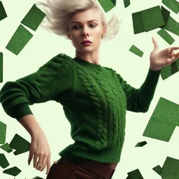 short blonde hair, green sweater, black pants, woman falling through glass shards, pan in the hand, brown shoes, side view, no ground, shattered