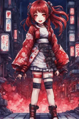 anormal, smile, blood, girl cute, full body, beautiful cyberpunk petit girl, hyperdetailed, behind made 8bits and Pixel Art, watercolor illustration by <Katsushika Hokusai>, darkred tones,