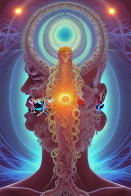 Spiritual being with Tentacles over human Head creating reality around, wrapping Spiral around Human, Psychedelic