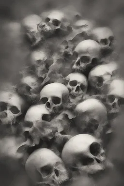 a blurry, distressing, haunting image of fractured skulls, scattered