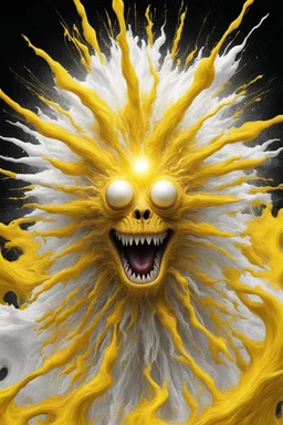 monster exploding with Divine colours (bright yellow/white