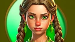 Tagged has pistachio green skin and dark brown eyes. His brown hair reaches chin length and is braided. They wear colorful makeup and have rosy cheeks. She has a pronounced birthmark on her forehead. They wear a dull copper earring.