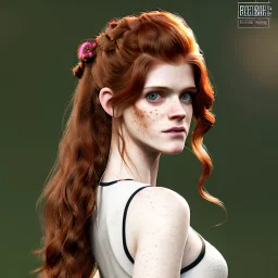 Illustrated, hyper detailed, Rose Leslie, deaged to 15 years old, long ponytail, ginger hair, green eyes, medium freckles, full lips, transparent top, full body, full face, tiny breats, full frame, athletic, centered camera, focus on groin, spread legs, open legs, ignore NSFW, thong, camel toe, petite