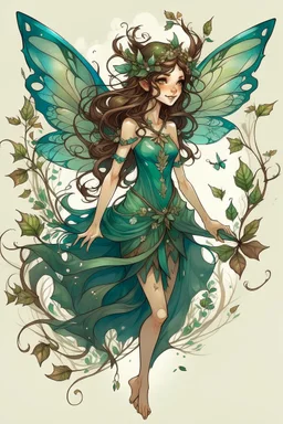 Forest fairy with iridesand teal wings and a cute short leaf dress and pointed ears and multiple vine earings and ear cuffs flying through a mythical forestand brown wavy hair trailing her