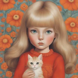 1970s, blond Little girl in red, long hair, with an orange cat, in the style of Margaret Keane, huge eyes, flowered wallpaper