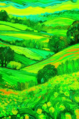 A neon green hilly fields with flowers painted by Vincent van Gogh