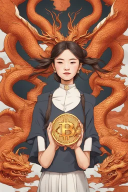 Bitcoin cryptocurrency in the hands of a traditional chinese girl, dragon