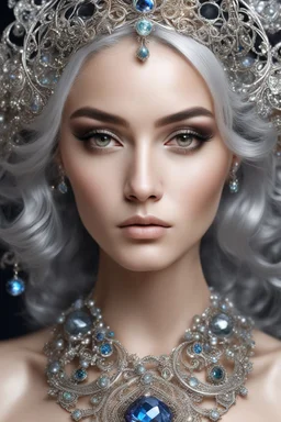 photography ultra realistic portrait natural beauty of young woman, beautiful, shiny hard eyes, make up, shiny baubles, ornate, large gemstones, shiny molten metalics, shiny wire filigree, silver hair, high definition, high res,establishing shot