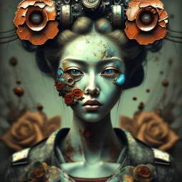 an abstract painting of rusted metal and flowers, Geisha portrait, rust, scaffolding, iron cladding, decay, mixed media, textured, anatomically correct, beautiful perfect face, sharp focus, highly detailed