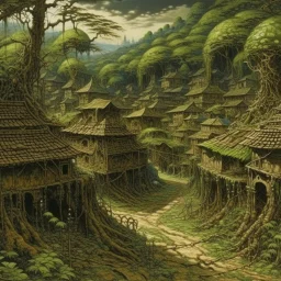 A brown underground mining village covered in vines designed in Japanese Oni masks painted by John Atkinson Grimshaw